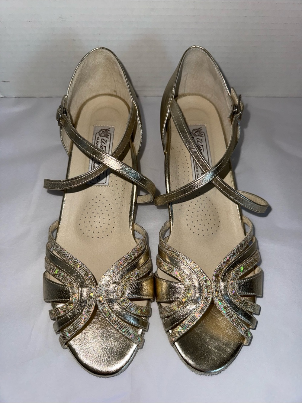 Werner Kern KIM Gold Metallic Nappa Leather Ballroom Bridal Dance Strap Heels 7